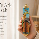 Hand-held Noah’s Ark Mezuzah showing colorful children’s Judaica with animal designs and soft blue background, designed for nurseries and kids' rooms.