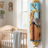 Colorful Noah’s Ark mezuzah case featuring vibrant animals on a blue background, mounted on a door jamb in a family home.