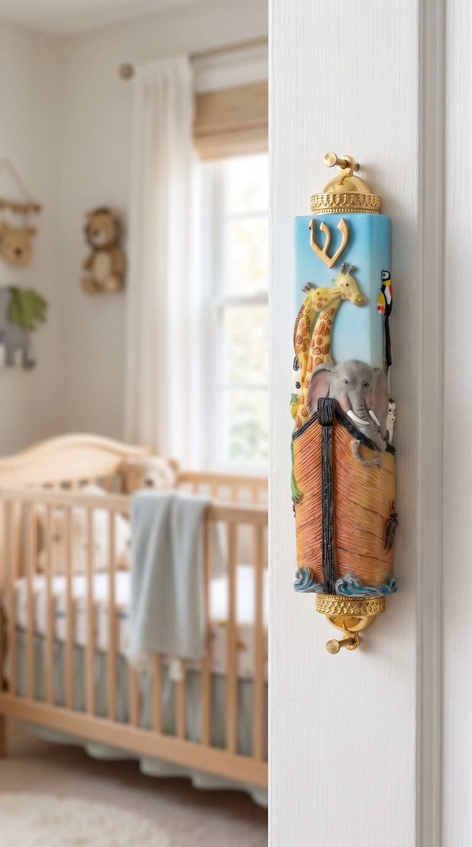 Colorful Noah’s Ark mezuzah case featuring vibrant animals on a blue background, mounted on a door jamb in a family home.