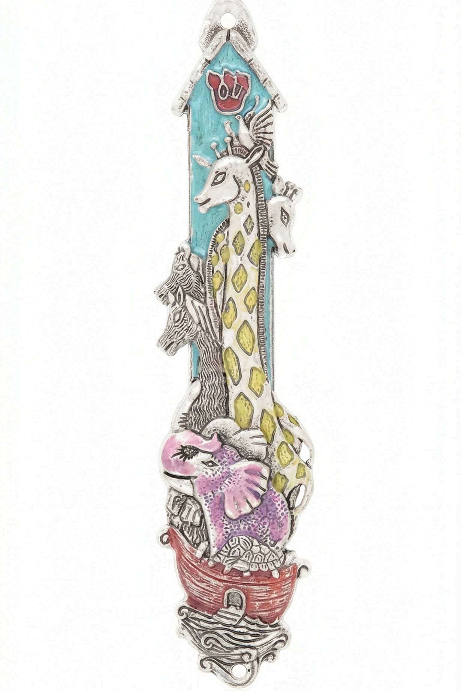 Pewter Noah's Ark Mezuzah with hand-painted enamel details, designed for doorposts and perfect as a gift or for a child's room.