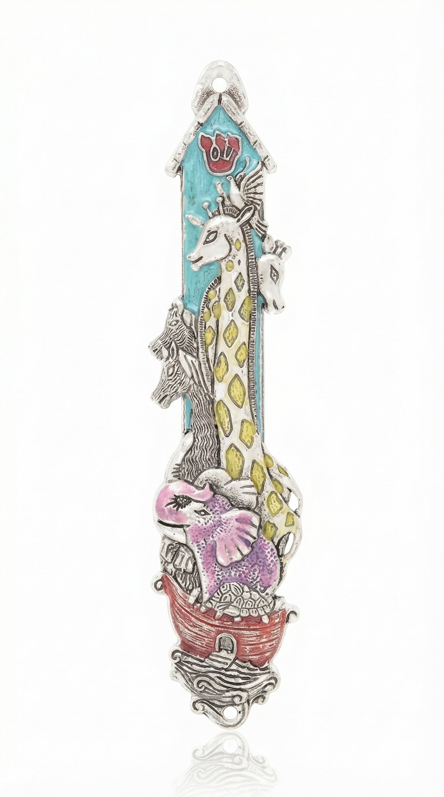 Pewter Noah's Ark Mezuzah with hand-painted enamel details, designed for doorposts and perfect as a gift or for a child's room.
