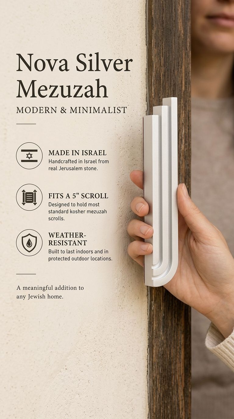 Silver aluminum mezuzah with architectural design, suitable for indoor and outdoor doorposts.