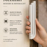 Silver aluminum mezuzah with architectural design, suitable for indoor and outdoor doorposts.