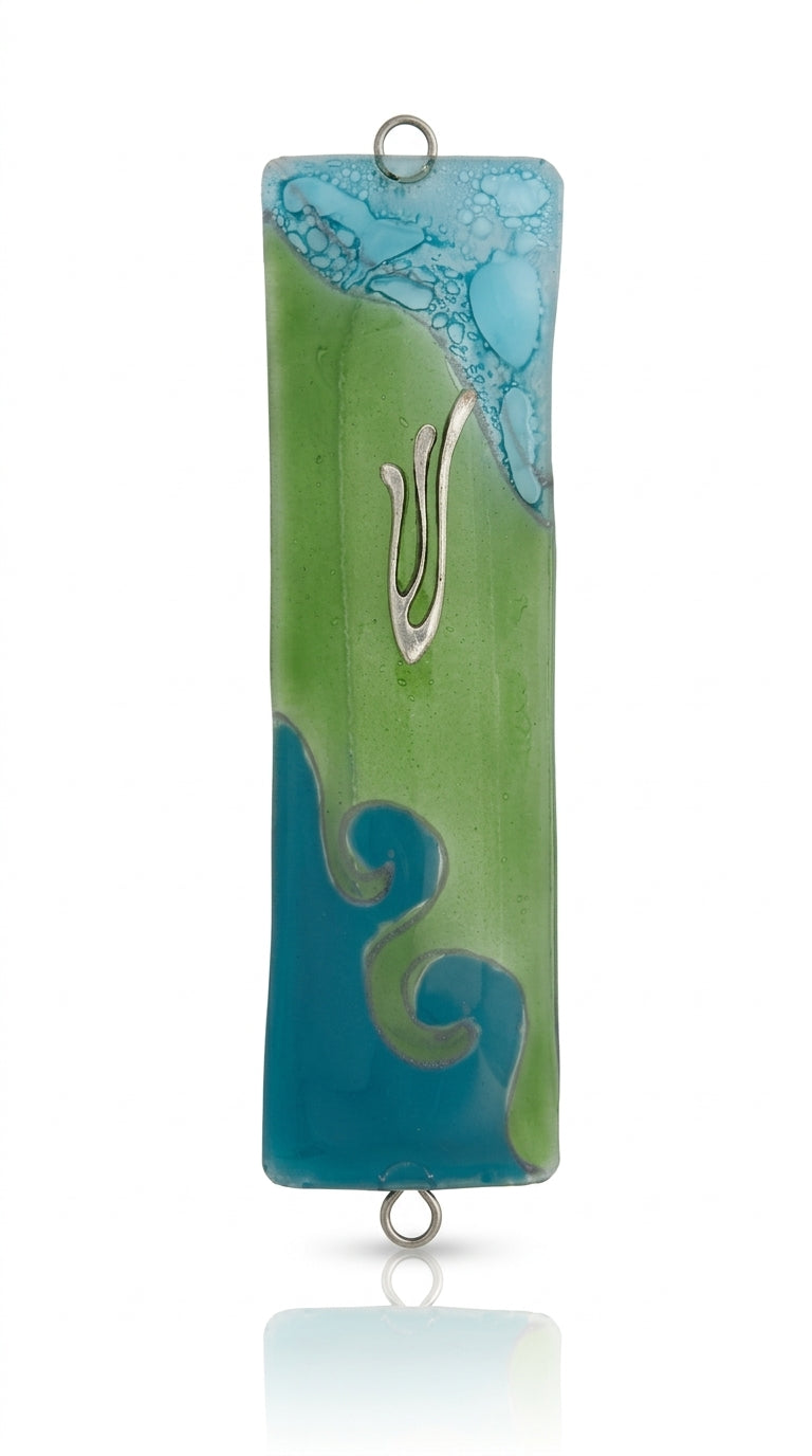 Elegant Ocean Glass Mezuzah made in USA, 4.5 inches tall, with Hebrew engraved details, set against a clean white background with soft reflection.