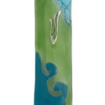 Elegant Ocean Glass Mezuzah made in USA, 4.5 inches tall, with Hebrew engraved details, set against a clean white background with soft reflection.