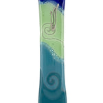 Detailed Ocean Glass Mezuzah with Hebrew inscription, displayed on a white studio background with soft reflection, showcasing fine craftsmanship and texture.