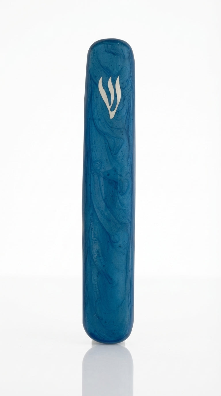 Elegant Ocean Mezuzah made in Israel from aluminum with detailed enamel painting, designed for door decoration and blessing.