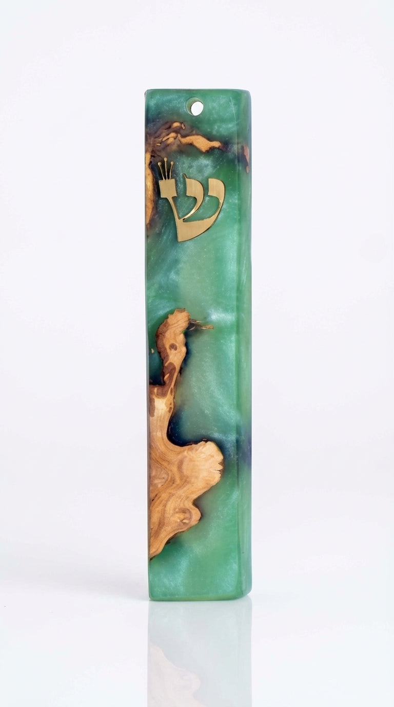 Olive wood Ocean Mezuzah with resin, 6 inches tall, detailed Hebrew inscriptions, natural textured surface, mounted on a white backdrop with soft reflection.