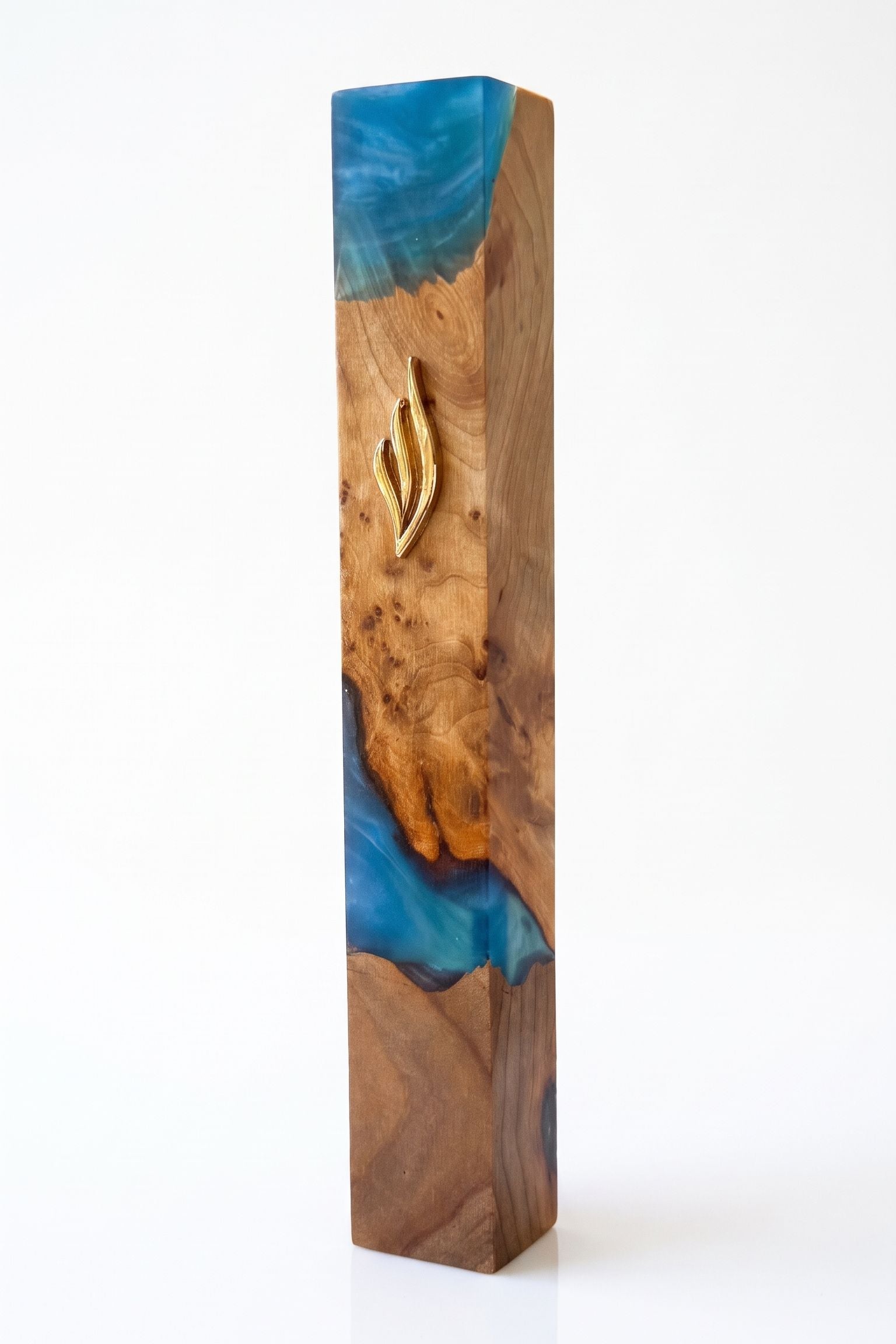 Handcrafted ocean olive wood and blue resin mezuzah case made in Israel for a 6-inch kosher scroll