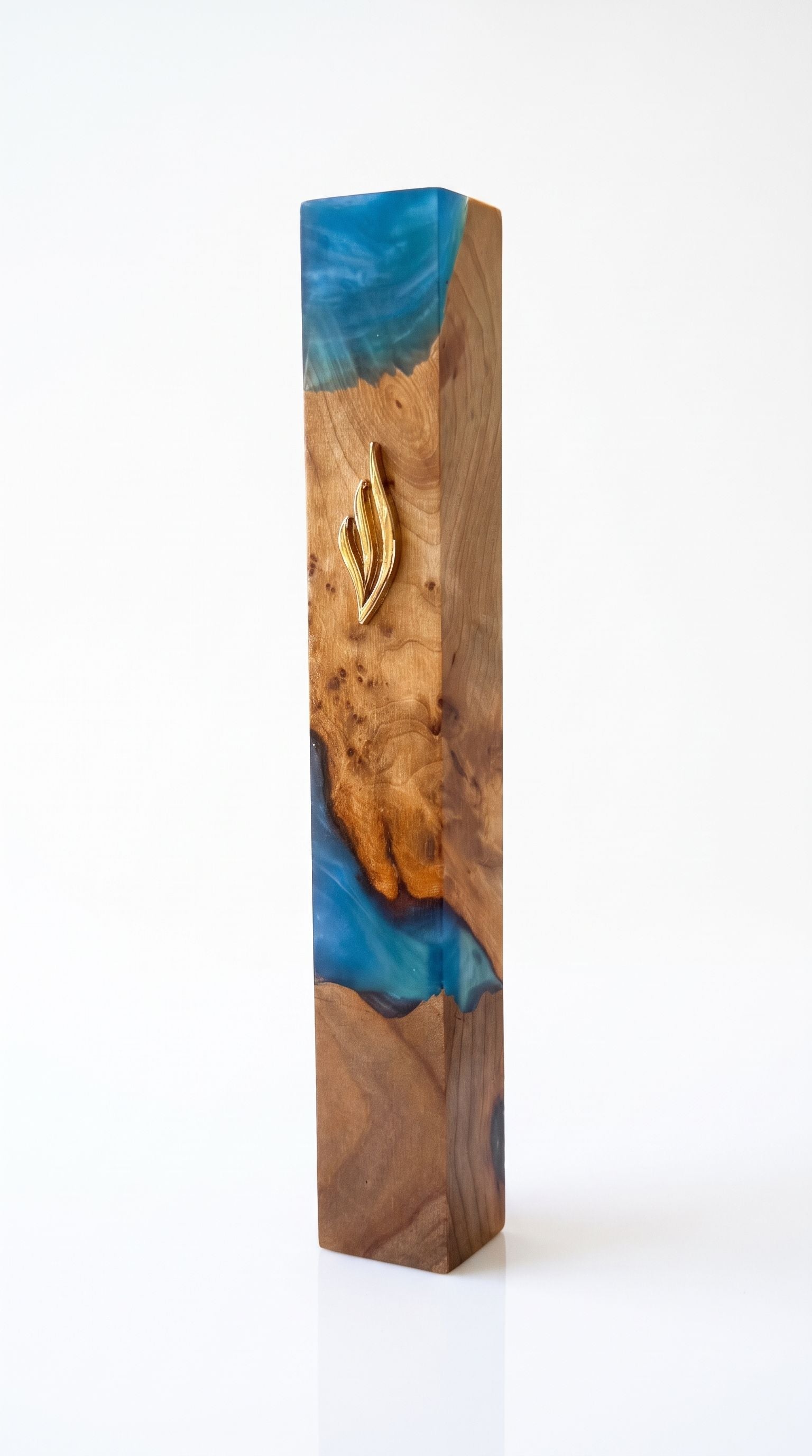 Handcrafted ocean olive wood and blue resin mezuzah case made in Israel for a 6-inch kosher scroll
