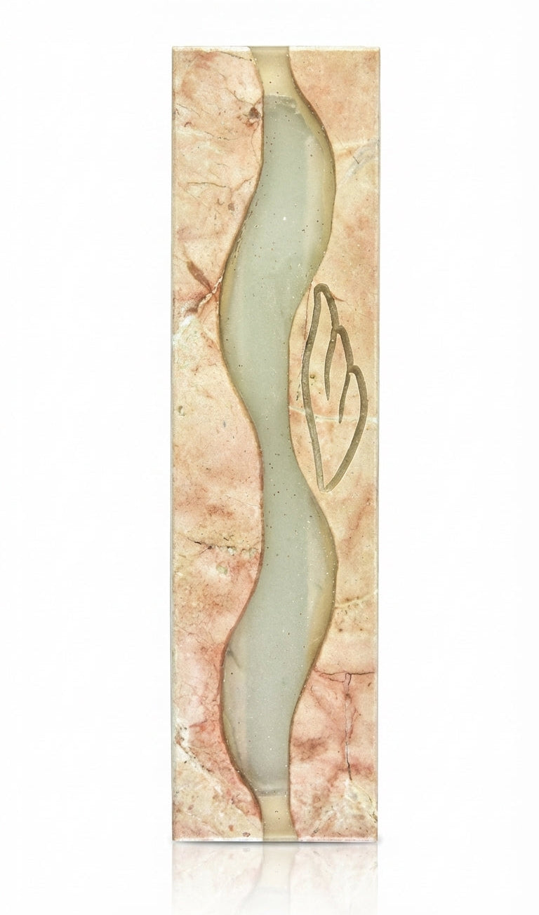 Elegant Oceanside Mezuzah made of glass and Jerusalem Stone, with ocean wave design, on a white background with soft reflection.