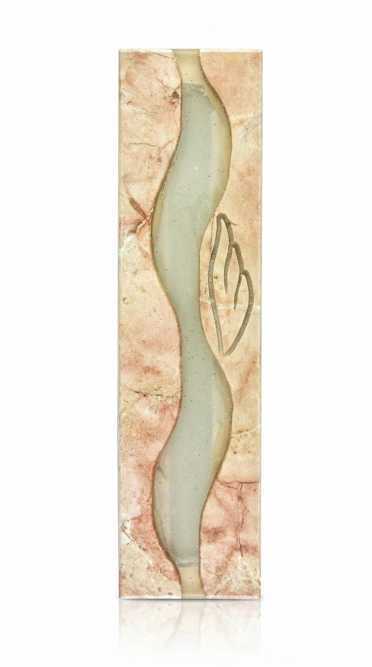 Elegant Oceanside Mezuzah made of glass and Jerusalem Stone, with ocean wave design, on a white background with soft reflection.