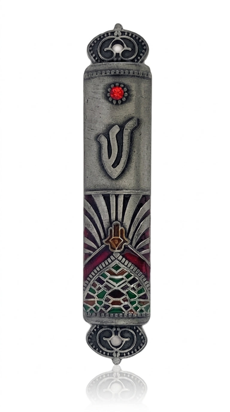 Odelia pewter Mezuzah with enamel details, 4 inches tall, on a white studio background with subtle reflection, showcasing its intricate design.
