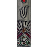 Odelia pewter Mezuzah with enamel details, 4 inches tall, on a white studio background with subtle reflection, showcasing its intricate design.