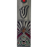 Odelia pewter Mezuzah with enamel details, 4 inches tall, on a white studio background with subtle reflection, showcasing its intricate design.
