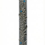 High-resolution image of an Ofir Mezuzah made of pewter, standing 7 inches tall, with intricate engraved Hebrew letters and decorative motifs, on a white studio background with soft reflection.