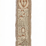 Large handcrafted Jerusalem Mezuzah measuring 7.1/8 inches, showcasing detailed Hebrew engravings, decorative motifs, and a polished finish, on a white studio background with subtle reflection.