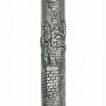 Elegant pewter mezuzah with Hebrew inscriptions, hand-painted with enamel, featuring detailed design elements, displayed on a white background with soft reflection.