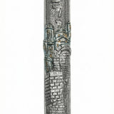 Elegant pewter mezuzah with Hebrew inscriptions, hand-painted with enamel, featuring detailed design elements, displayed on a white background with soft reflection.