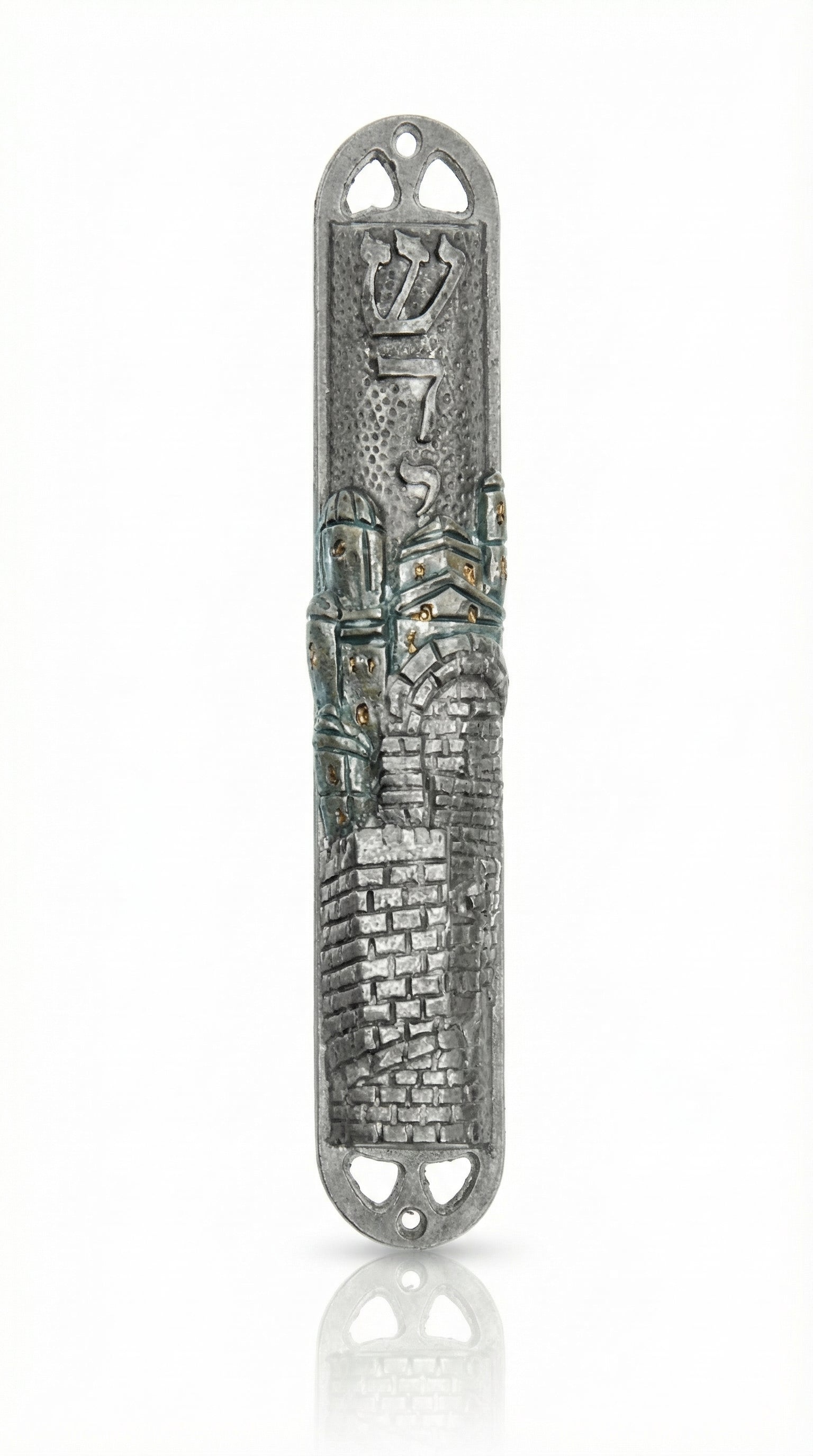 Elegant pewter mezuzah with Hebrew inscriptions, hand-painted with enamel, featuring detailed design elements, displayed on a white background with soft reflection.