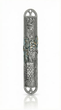 Elegant pewter mezuzah with Hebrew inscriptions, hand-painted with enamel, featuring detailed design elements, displayed on a white background with soft reflection.