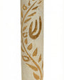 High-resolution image of a handcrafted Jerusalem stone Mezuzah with a golden olive branch design, on a bright white studio background with subtle reflection.
