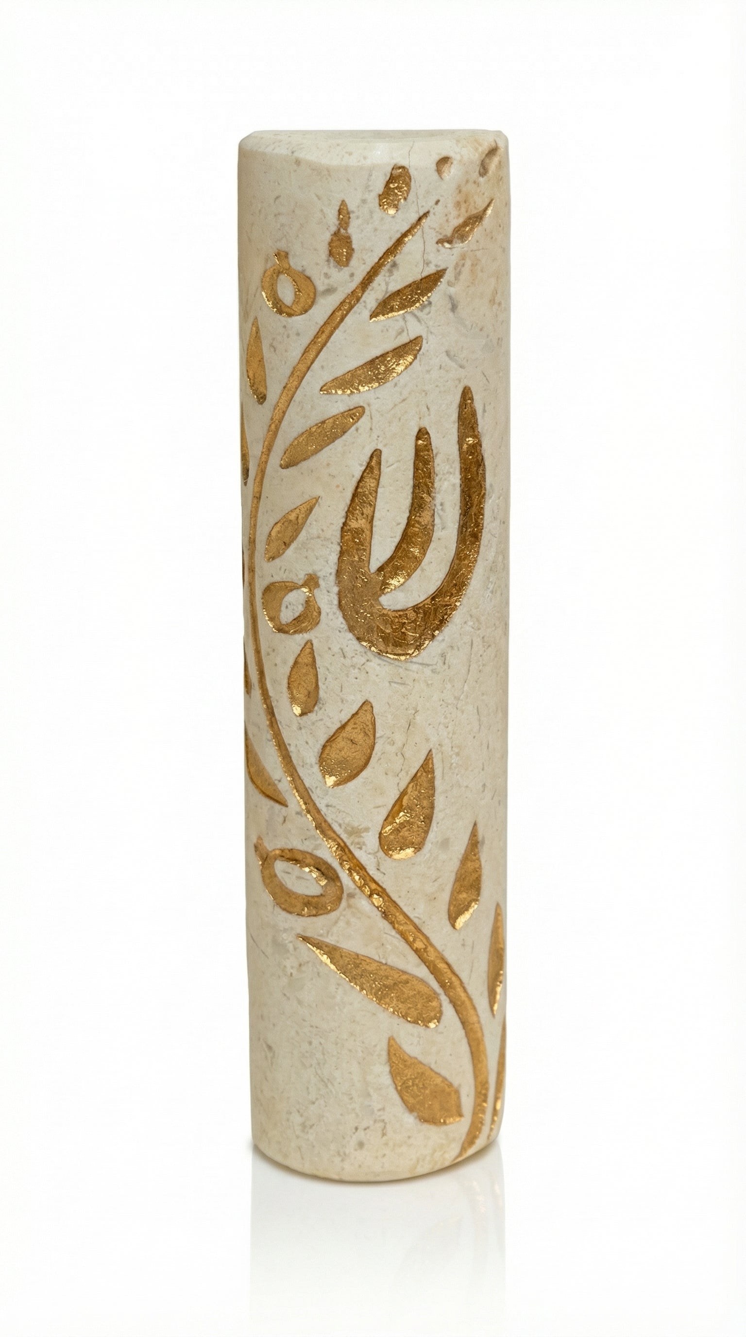High-resolution image of a handcrafted Jerusalem stone Mezuzah with a golden olive branch design, on a bright white studio background with subtle reflection.