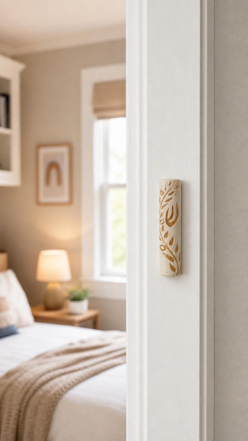 Natural Jerusalem stone mezuzah with golden olive branch mounted on a residential doorpost in an indoor setting
