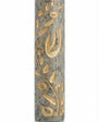 High-resolution image of a handcrafted Jerusalem stone Mezuzah with a golden olive branch design, set against a pure white background with a subtle reflection.