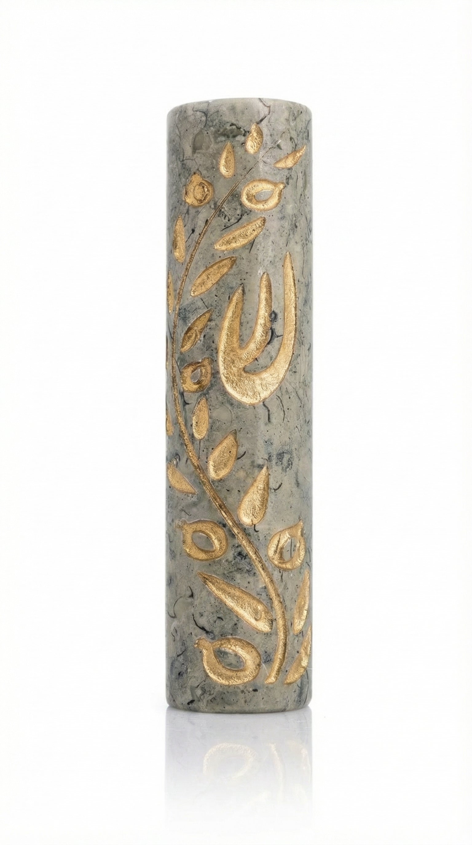 High-resolution image of a handcrafted Jerusalem stone Mezuzah with a golden olive branch design, set against a pure white background with a subtle reflection.