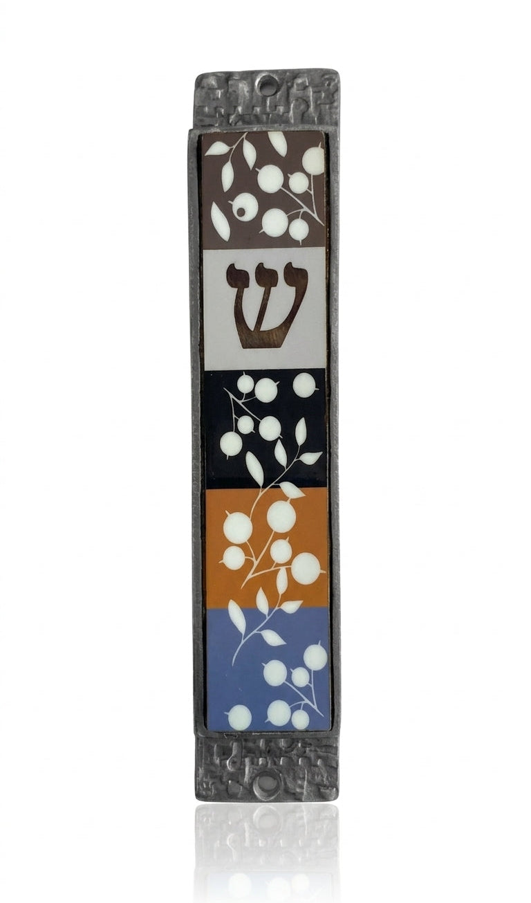 Olive branches mezuzah crafted from wood and pewter, designed for doorways, with intricate engravings and Hebrew inscriptions, on a white studio background.