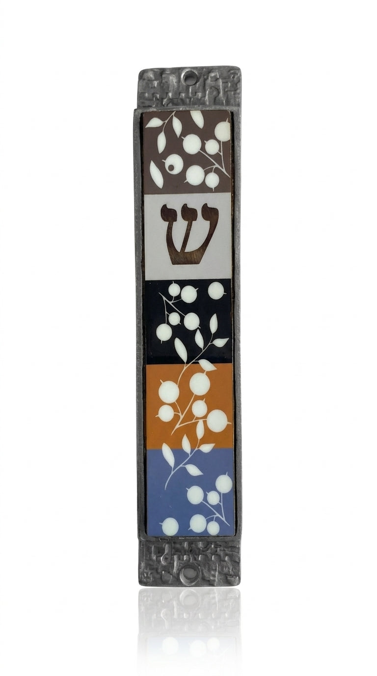 Olive branches mezuzah crafted from wood and pewter, designed for doorways, with intricate engravings and Hebrew inscriptions, on a white studio background.