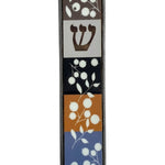 Olive branches mezuzah crafted from wood and pewter, designed for doorways, with intricate engravings and Hebrew inscriptions, on a white studio background.