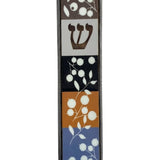 Olive branches mezuzah crafted from wood and pewter, designed for doorways, with intricate engravings and Hebrew inscriptions, on a white studio background.