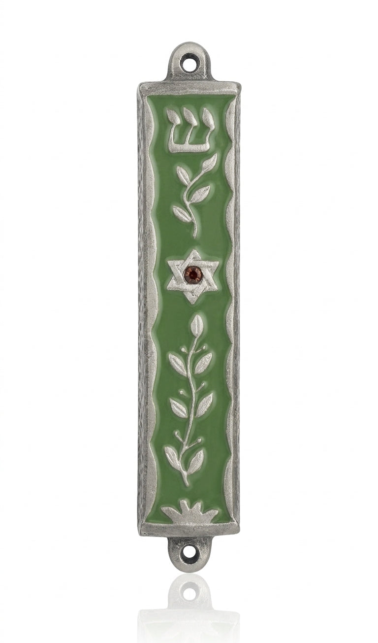 Pewter Olive Branches Mezuzah with enamel detailing, designed for doorposts, includes optional scroll, crafted in USA, with precise engraved symbols and Hebrew characters.