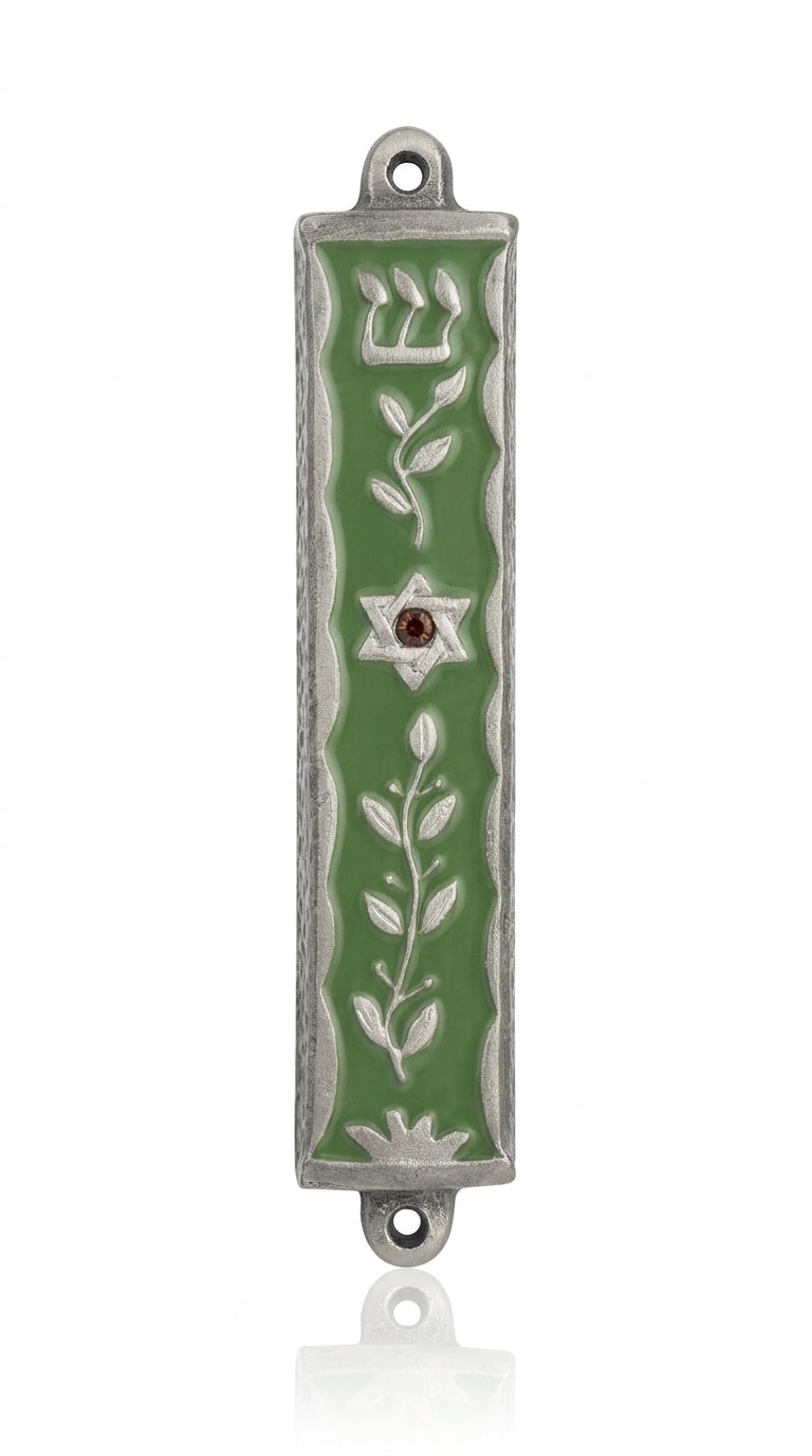 Pewter Olive Branches Mezuzah with enamel detailing, designed for doorposts, includes optional scroll, crafted in USA, with precise engraved symbols and Hebrew characters.