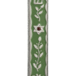 Pewter Olive Branches Mezuzah with enamel detailing, designed for doorposts, includes optional scroll, crafted in USA, with precise engraved symbols and Hebrew characters.