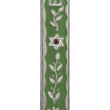 Pewter Olive Branches Mezuzah with enamel detailing, designed for doorposts, includes optional scroll, crafted in USA, with precise engraved symbols and Hebrew characters.