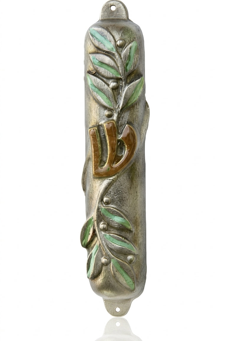 Pewter mezuzah decorated with olive branches, hand painted with olive and brown accents, designed for home doorways.
