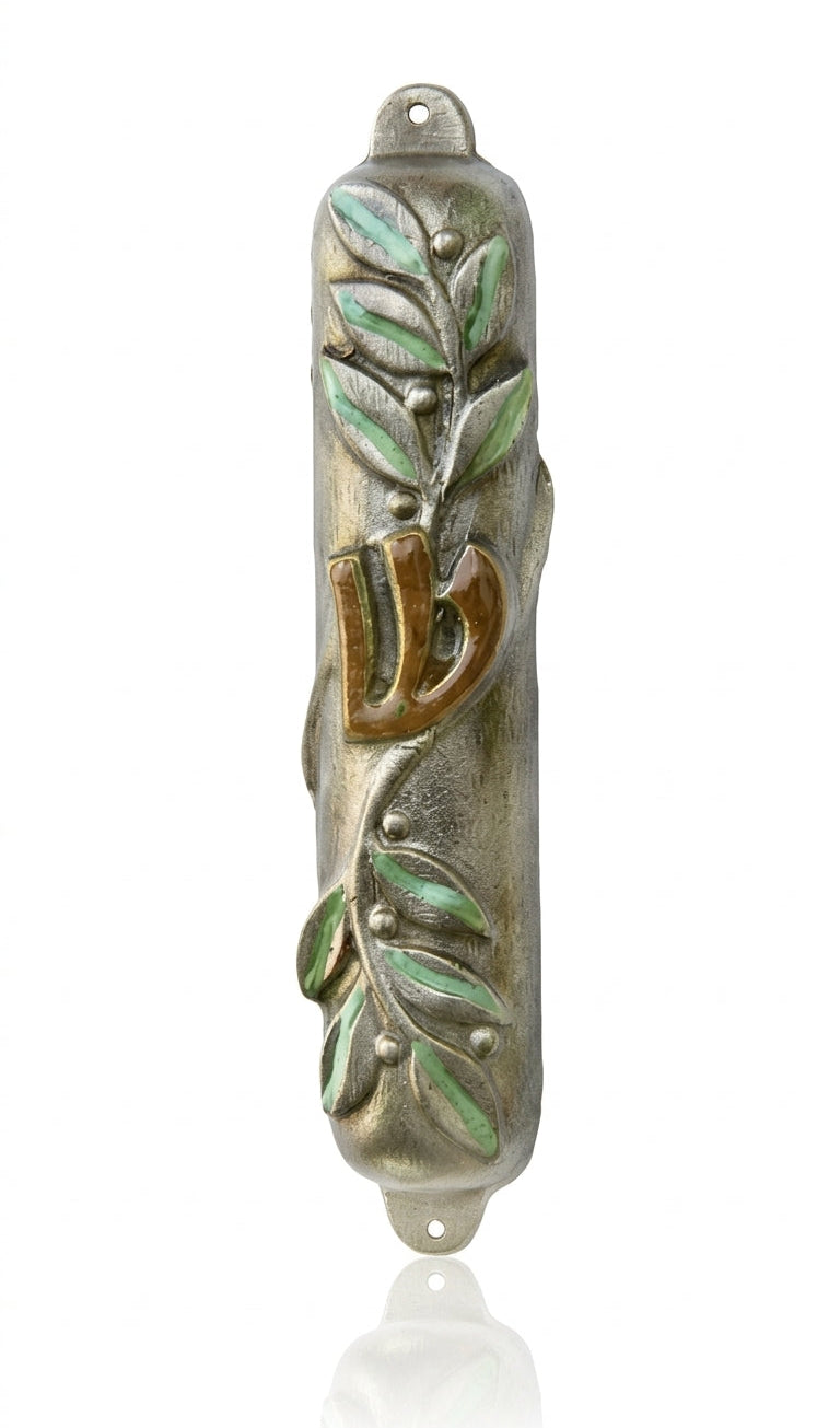 Pewter mezuzah decorated with olive branches, hand painted with olive and brown accents, designed for home doorways.