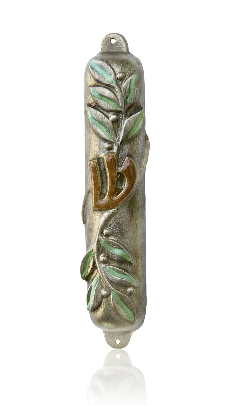 Pewter mezuzah decorated with olive branches, hand painted with olive and brown accents, designed for home doorways.