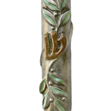 Pewter mezuzah decorated with olive branches, hand painted with olive and brown accents, designed for home doorways.