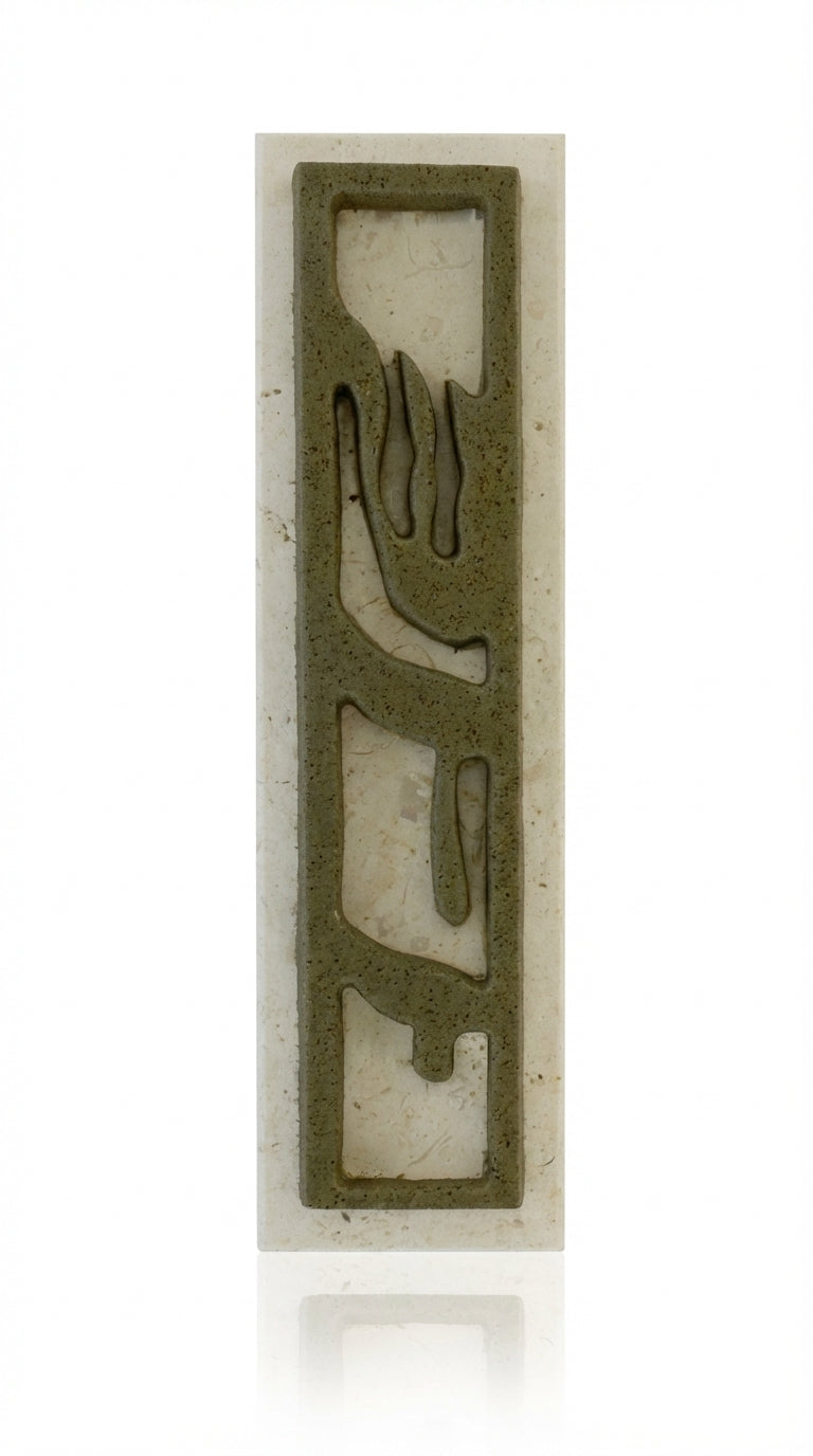 High-resolution image of a natural Jerusalem stone mezuzah in olive green, with precise details of texture, engraved Hebrew letters, and decorative motifs, on a clean white background with a subtle reflection.
