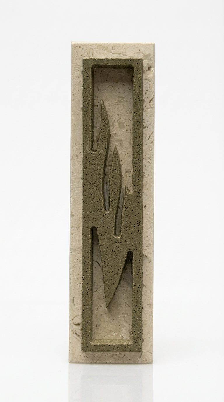 High-resolution image of an olive green Jerusalem stone mezuzah, showcasing fine surface details and texture on a white studio background with soft reflection.