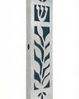 Blue olive leaf mezuzah made of aluminum, 5.5 inches tall, designed for doorposts, includes strong mounting tape, suitable for home blessings.