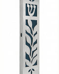 Blue olive leaf mezuzah made of aluminum, 5.5 inches tall, designed for doorposts, includes strong mounting tape, suitable for home blessings.