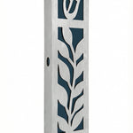 Blue olive leaf mezuzah made of aluminum, 5.5 inches tall, designed for doorposts, includes strong mounting tape, suitable for home blessings.