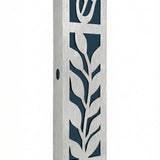 Blue olive leaf mezuzah made of aluminum, 5.5 inches tall, designed for doorposts, includes strong mounting tape, suitable for home blessings.
