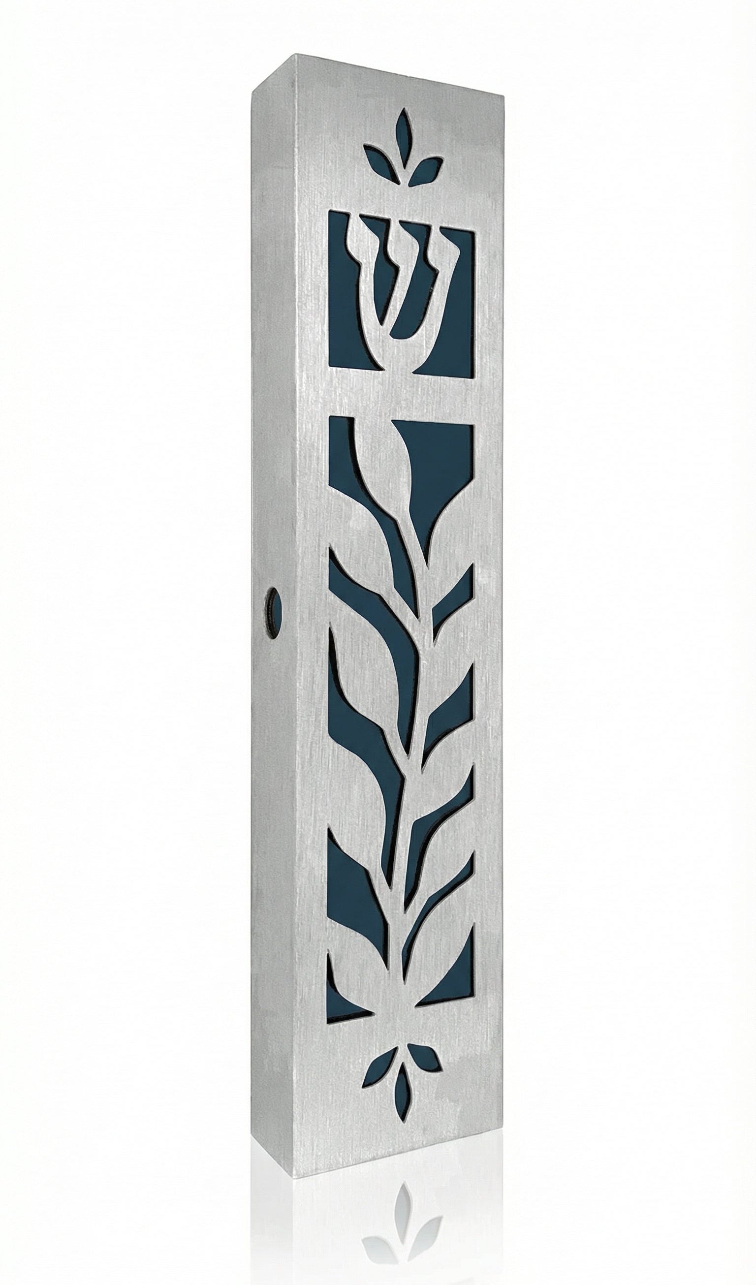 Blue olive leaf mezuzah made of aluminum, 5.5 inches tall, designed for doorposts, includes strong mounting tape, suitable for home blessings.