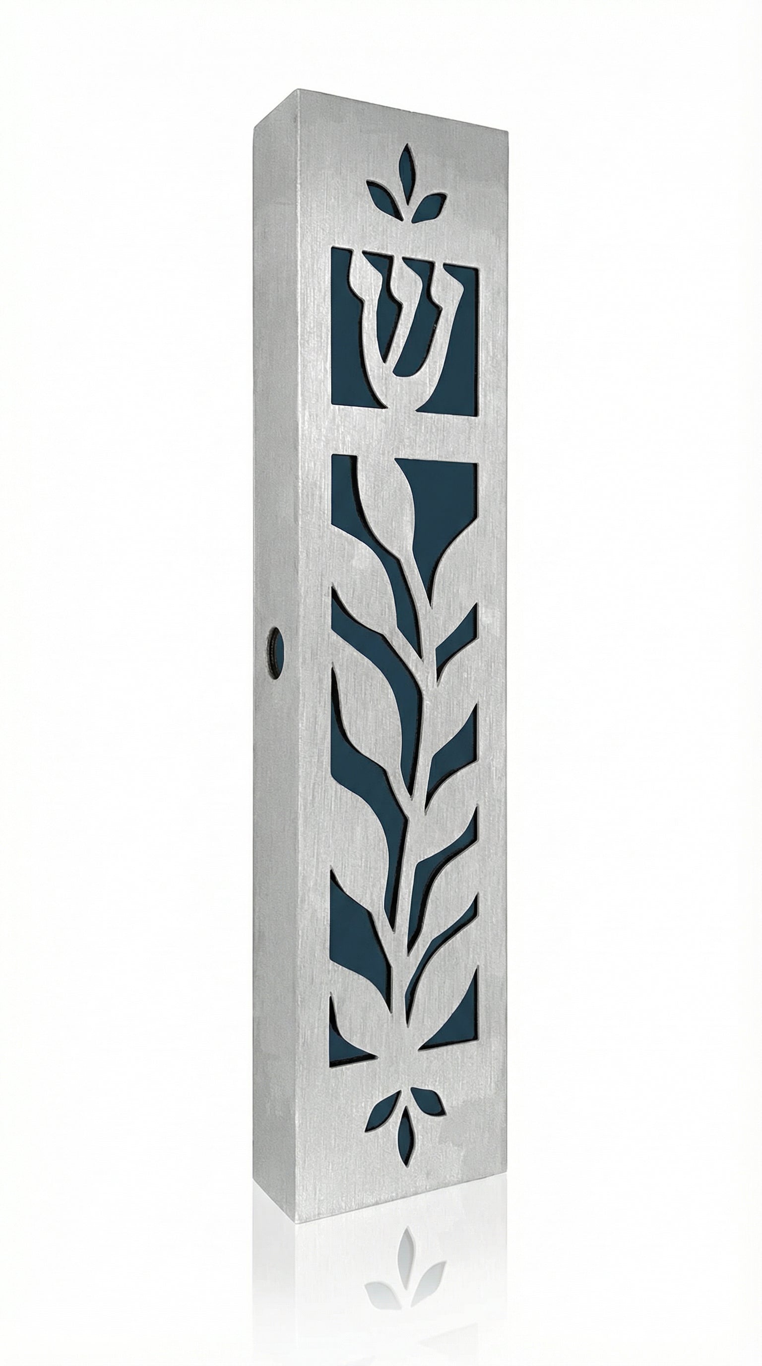 Blue olive leaf mezuzah made of aluminum, 5.5 inches tall, designed for doorposts, includes strong mounting tape, suitable for home blessings.